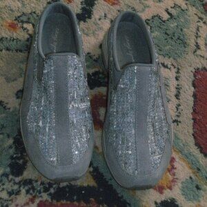 EASY Spirit TRAVELTIME Clogs Mules Slip On Shoes Gray Tweed Sequins & Suede 9.5